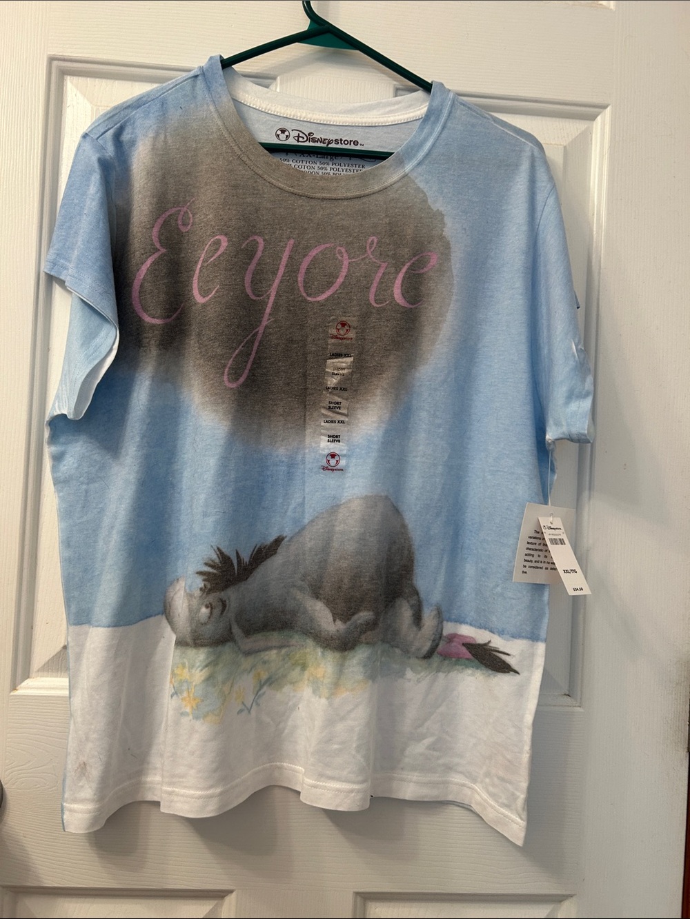 Disney Eeyore Blue & White womans w Graphic Tee Eeyore under a rain cloud